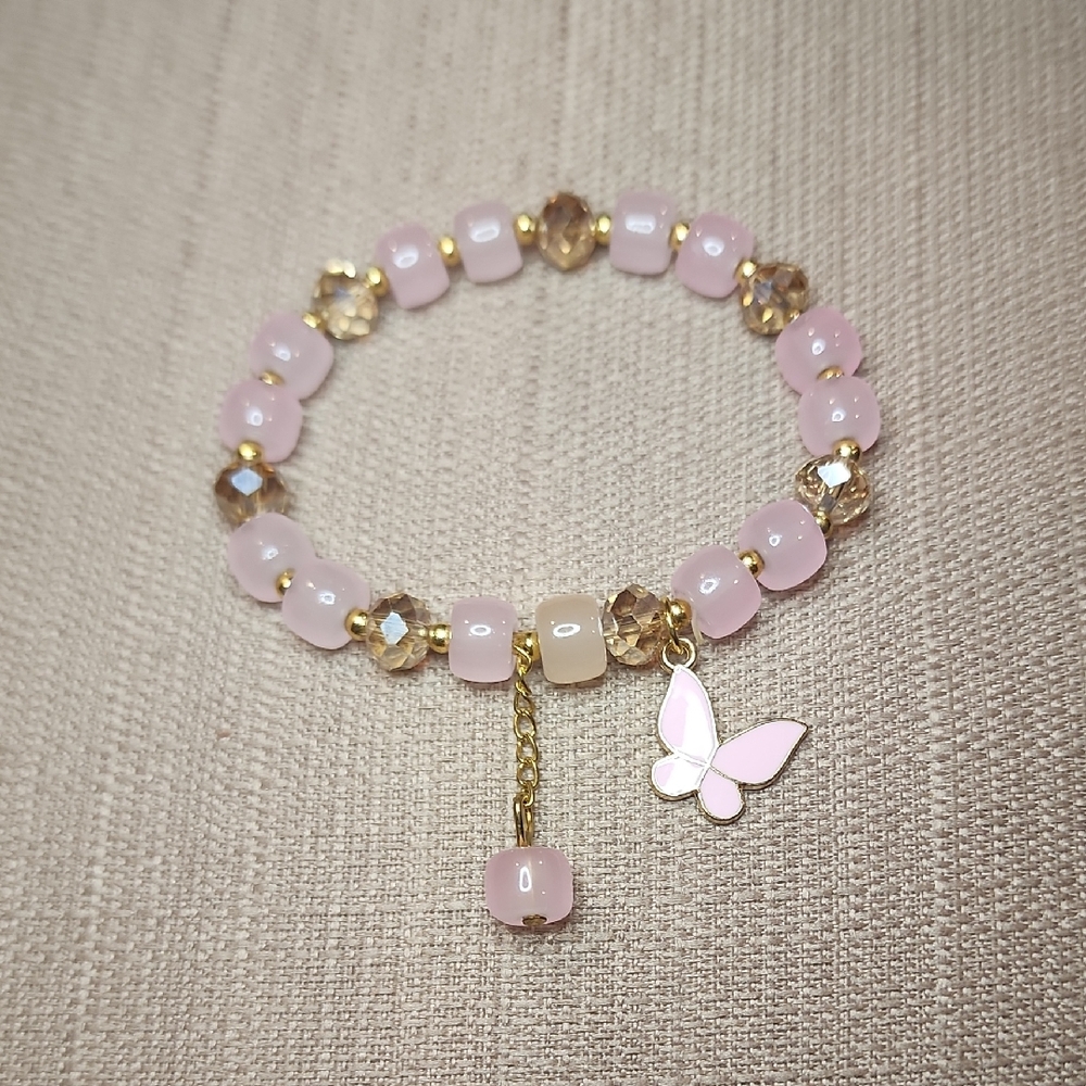 Pink Beaded Stretch Bracelet w/ Butterfly Pendant